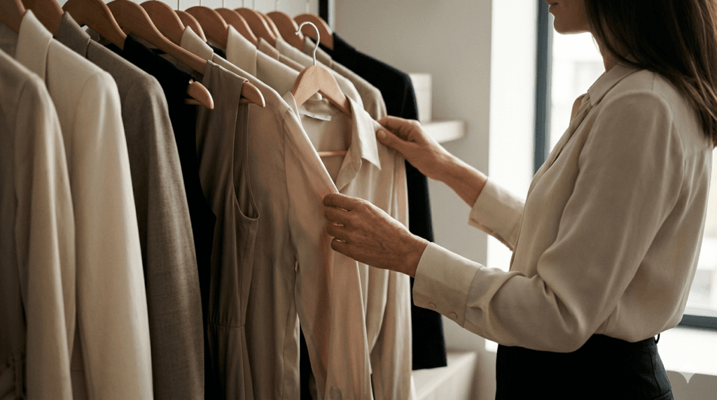 a personal stylist in London looking through a disorganised wardrobe