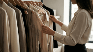 a personal stylist in London looking through a disorganised wardrobe