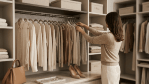 Client of a personal stylist in london organising her new wardrobe.