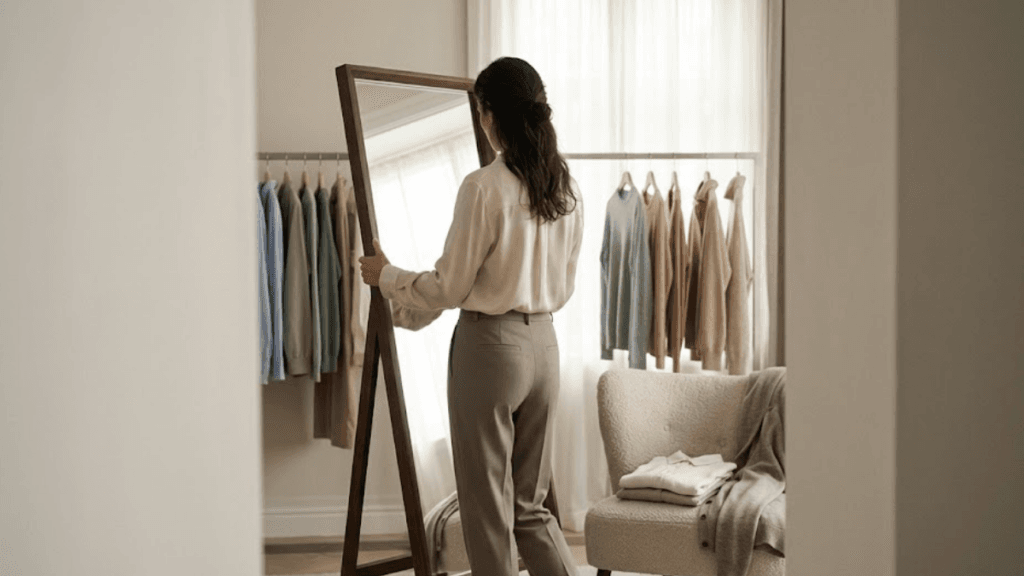 a women in her wardrobe arranging a mirror before her wardrobe consultation in london.