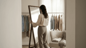 a women in her wardrobe arranging a mirror before her wardrobe consultation in london.