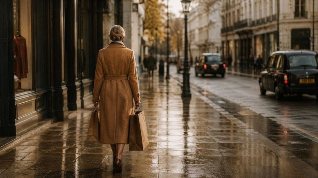 a woman walking down bond street in the autumn rain holding shopping bags after a personal shopping trip.