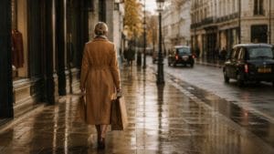 a woman walking down bond street in the autumn rain holding shopping bags after a personal shopping trip.