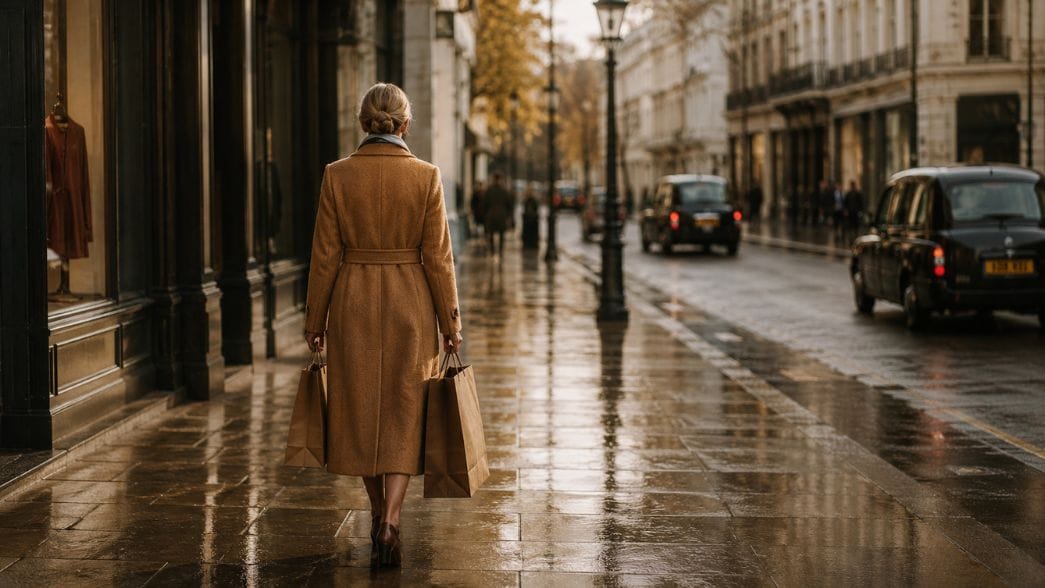 a woman walking down bond street in the autumn rain holding shopping bags after a personal shopping trip.