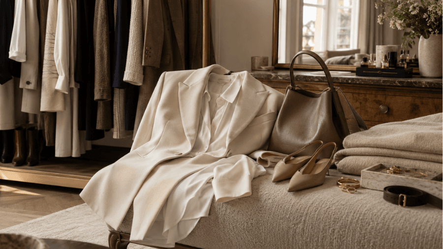 A refined dressing room scene featuring a cream tailored blazer, silk blouse, taupe leather handbag, neutral pointed shoes, folded cashmere knitwear and gold accessories arranged in soft natural daylight.